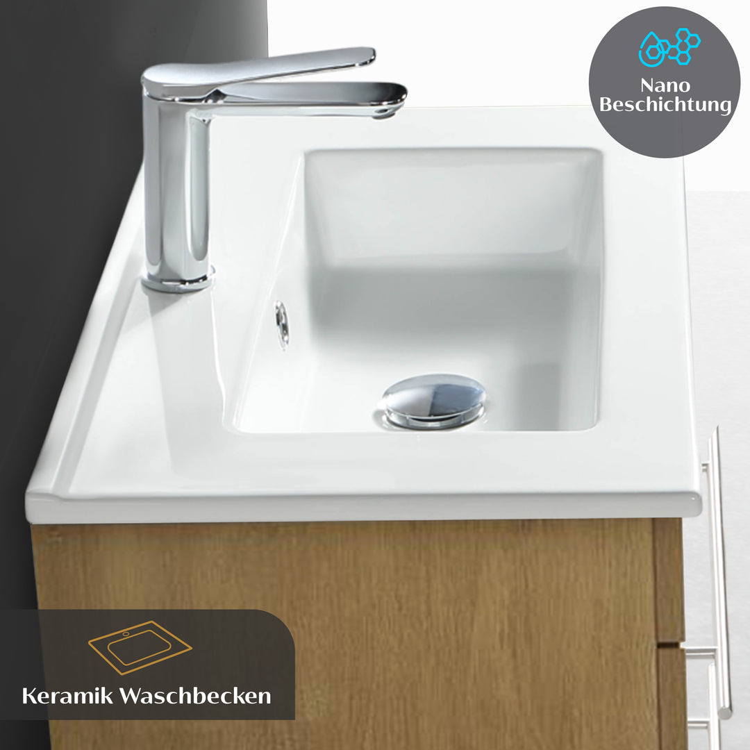 Alpenberger Mini 600 Badmöbel Set Eiche Natur: Waschbecken mit Lotuseffekt