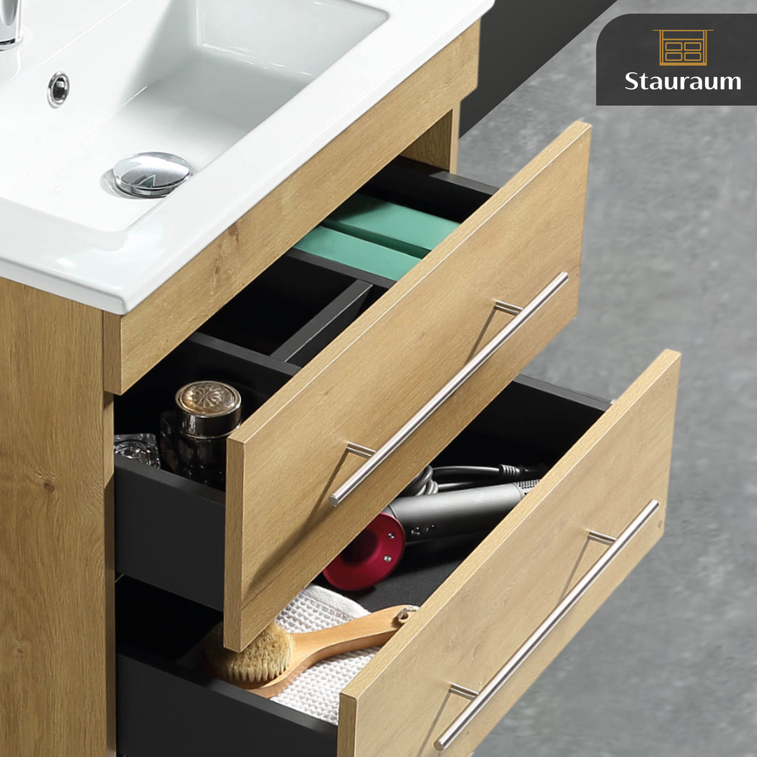 Alpenberger Mini 600 Badmöbel Set Eiche Natur: Waschbecken mit Lotuseffekt