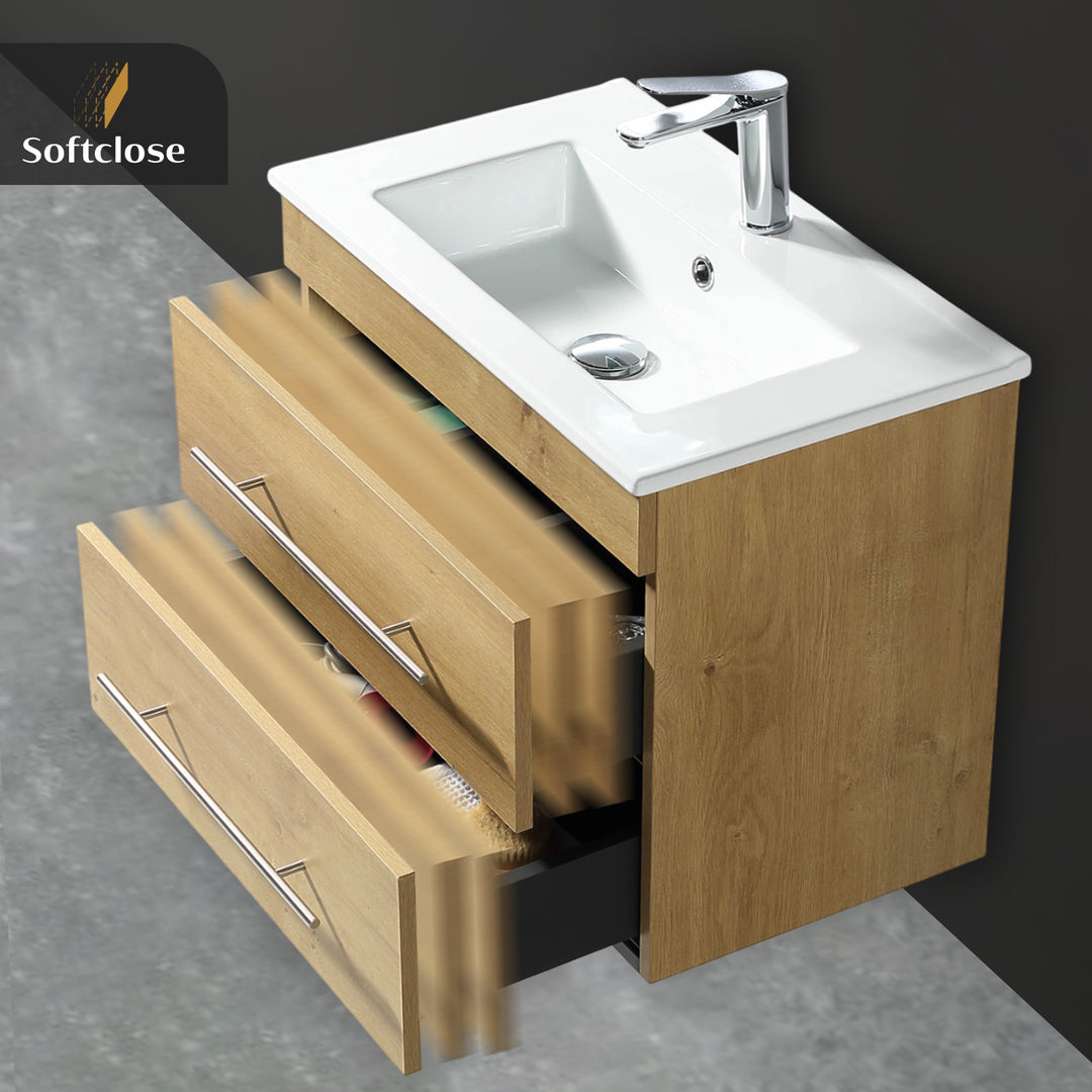 Alpenberger Mini 600 Badmöbel Set Eiche Natur: Waschbecken mit Lotuseffekt