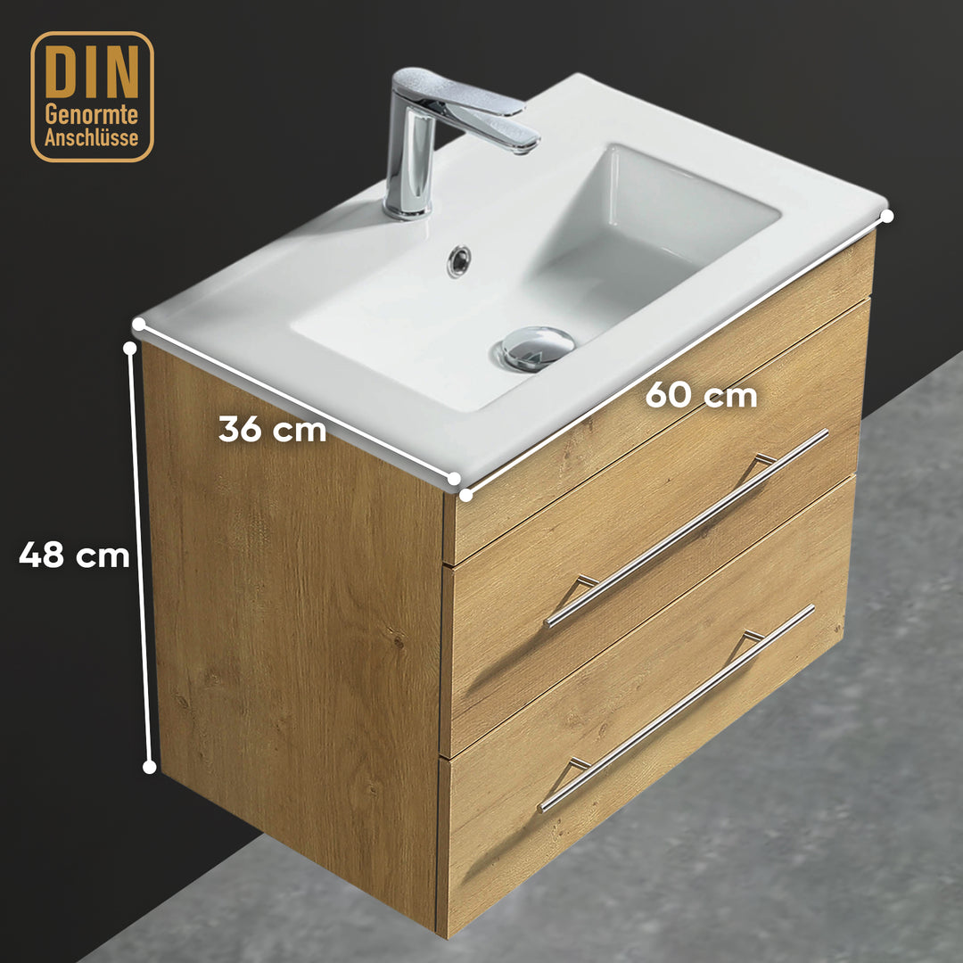 Alpenberger Mini 600 Badmöbel Set Eiche Natur: Waschbecken mit Lotuseffekt