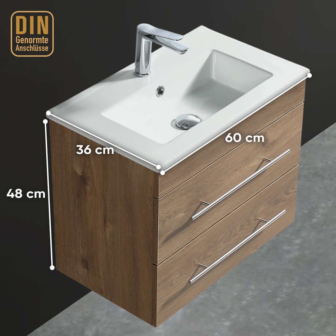 Alpenberger Mini 600 Badmöbel Set Eiche: Waschbecken mit Lotuseffekt