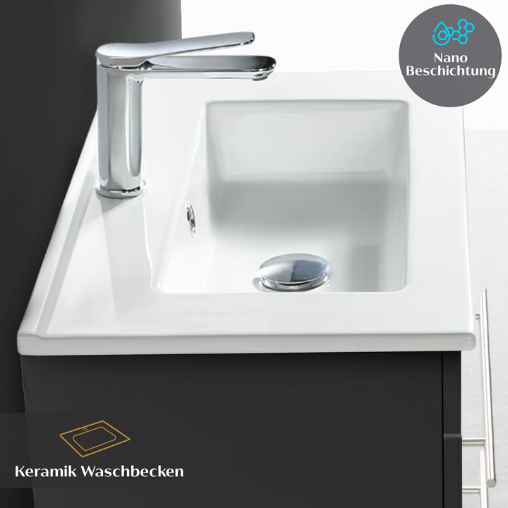 Alpenberger Mini 600 Badmöbel Set Schwarz Matt: Waschbecken mit Lotuseffekt