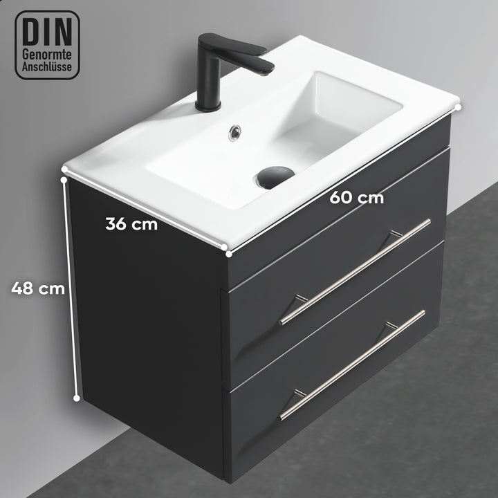 Alpenberger Mini 600 Badmöbel Set Schwarz Matt: Waschbecken mit Lotuseffekt