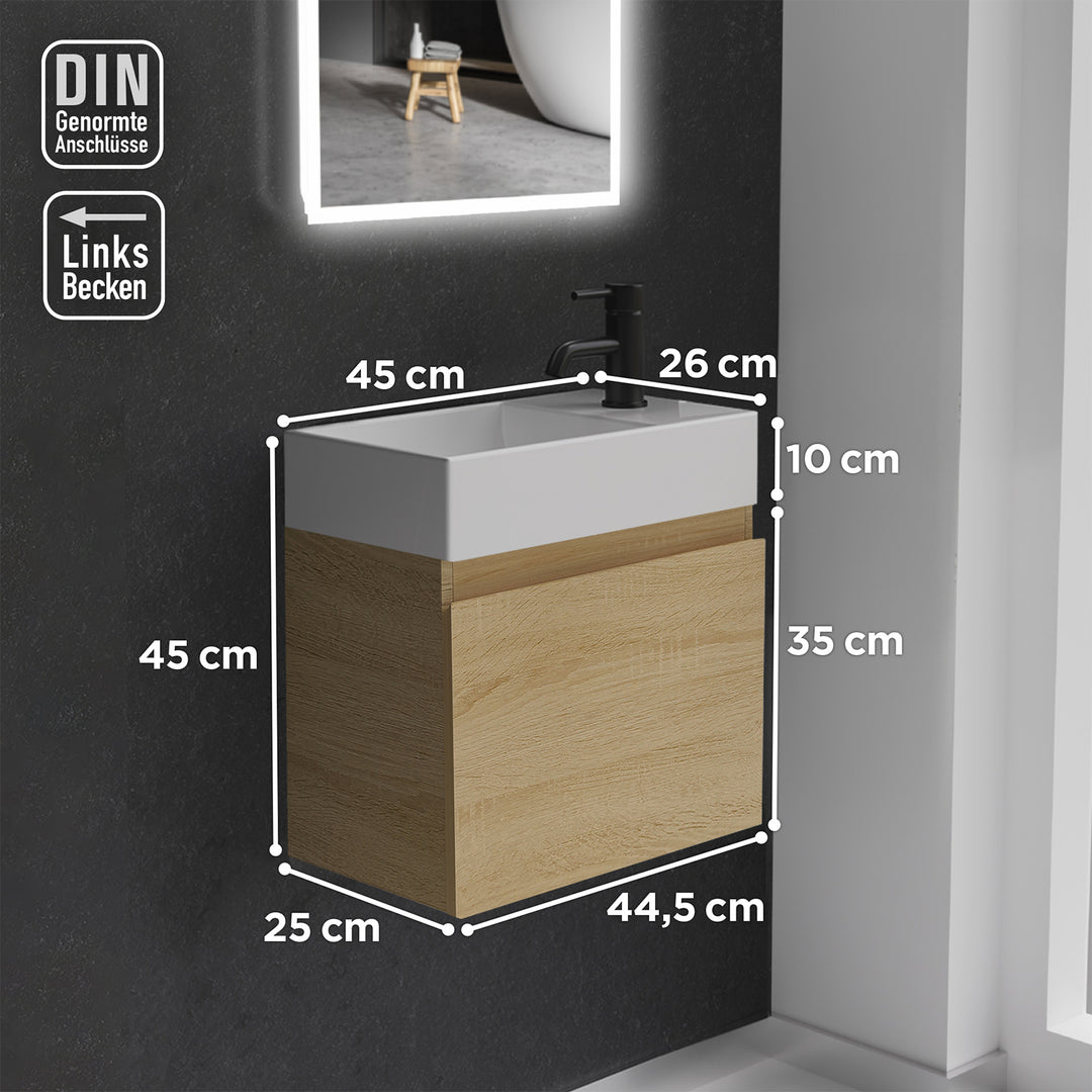 Alpenberger Keramik Waschbecken KORA-450-Links + Unterschrank KORA-450 Eiche Hell