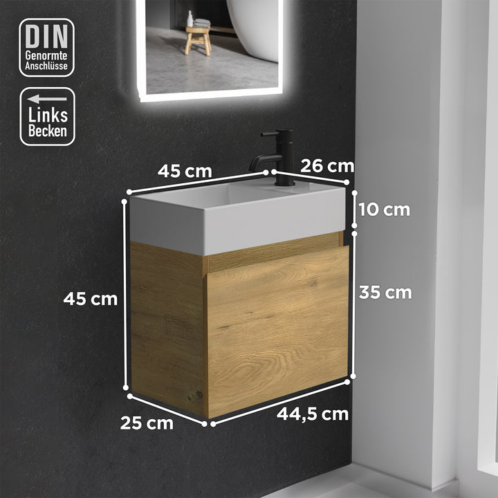 Alpenberger Keramik Waschbecken KORA-450-Links + Unterschrank KORA-450 Eiche Natur