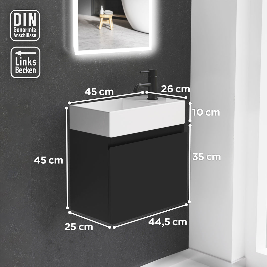 Alpenberger Keramik Waschbecken KORA-450-Links + Unterschrank KORA-450 Schwarz Matt