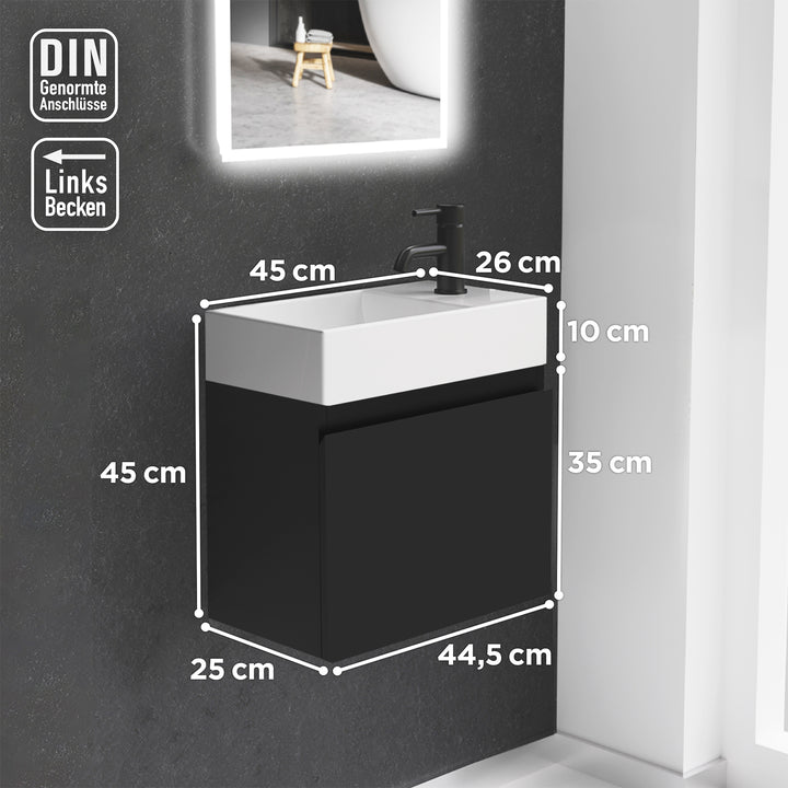 Alpenberger Keramik Waschbecken KORA-450-Links + Unterschrank KORA-450 Schwarz Matt
