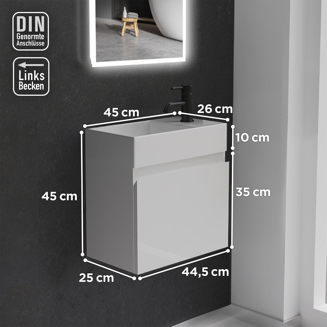 Alpenberger Keramik Waschbecken KORA-450-Links + Unterschrank KORA-450 Weiss Glänzend