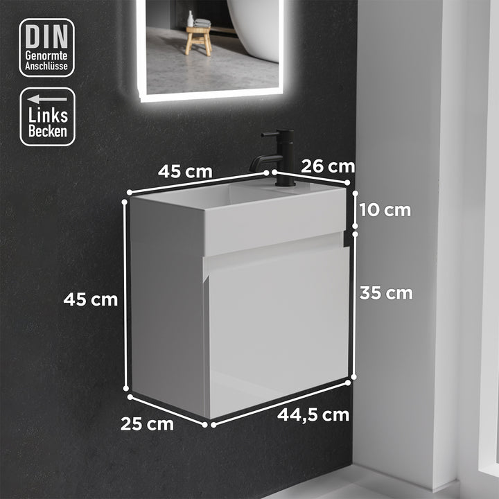 Alpenberger Keramik Waschbecken KORA-450-Links + Unterschrank KORA-450 Weiss Glänzend