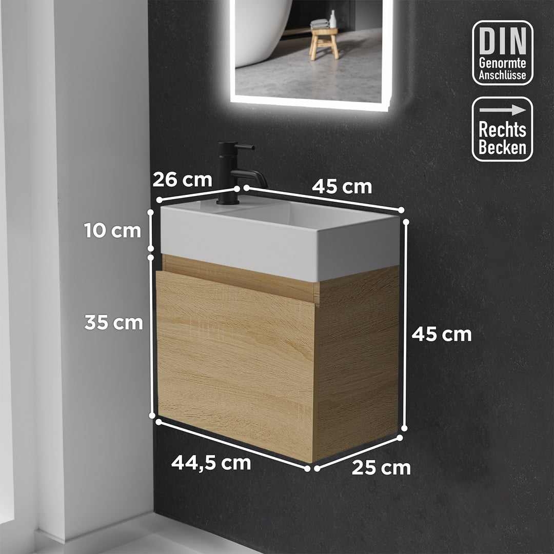 Alpenberger Keramik Waschbecken KORA-450-Rechts + Unterschrank KORA-450 Eiche Hell