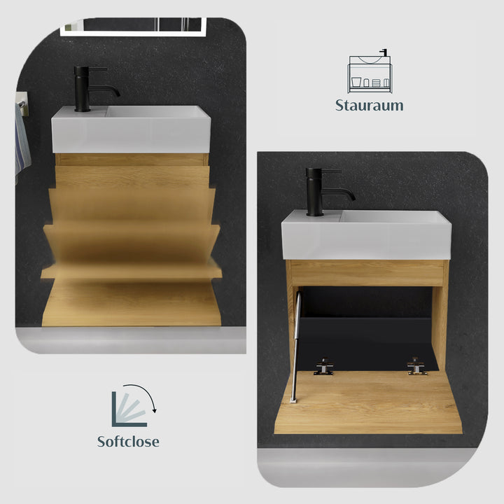 Alpenberger Keramik Waschbecken KORA-450-Rechts + Unterschrank KORA-450 Eiche Natur