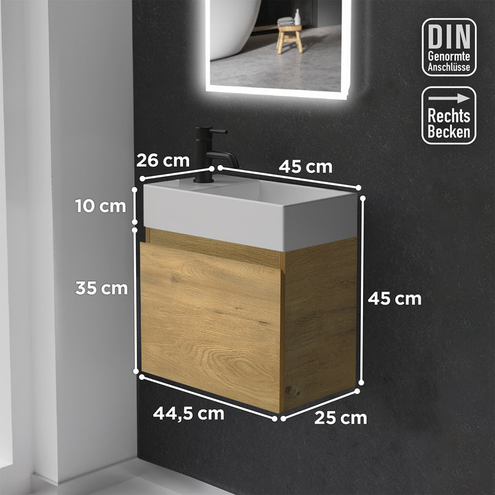 Alpenberger Keramik Waschbecken KORA-450-Rechts + Unterschrank KORA-450 Eiche Natur
