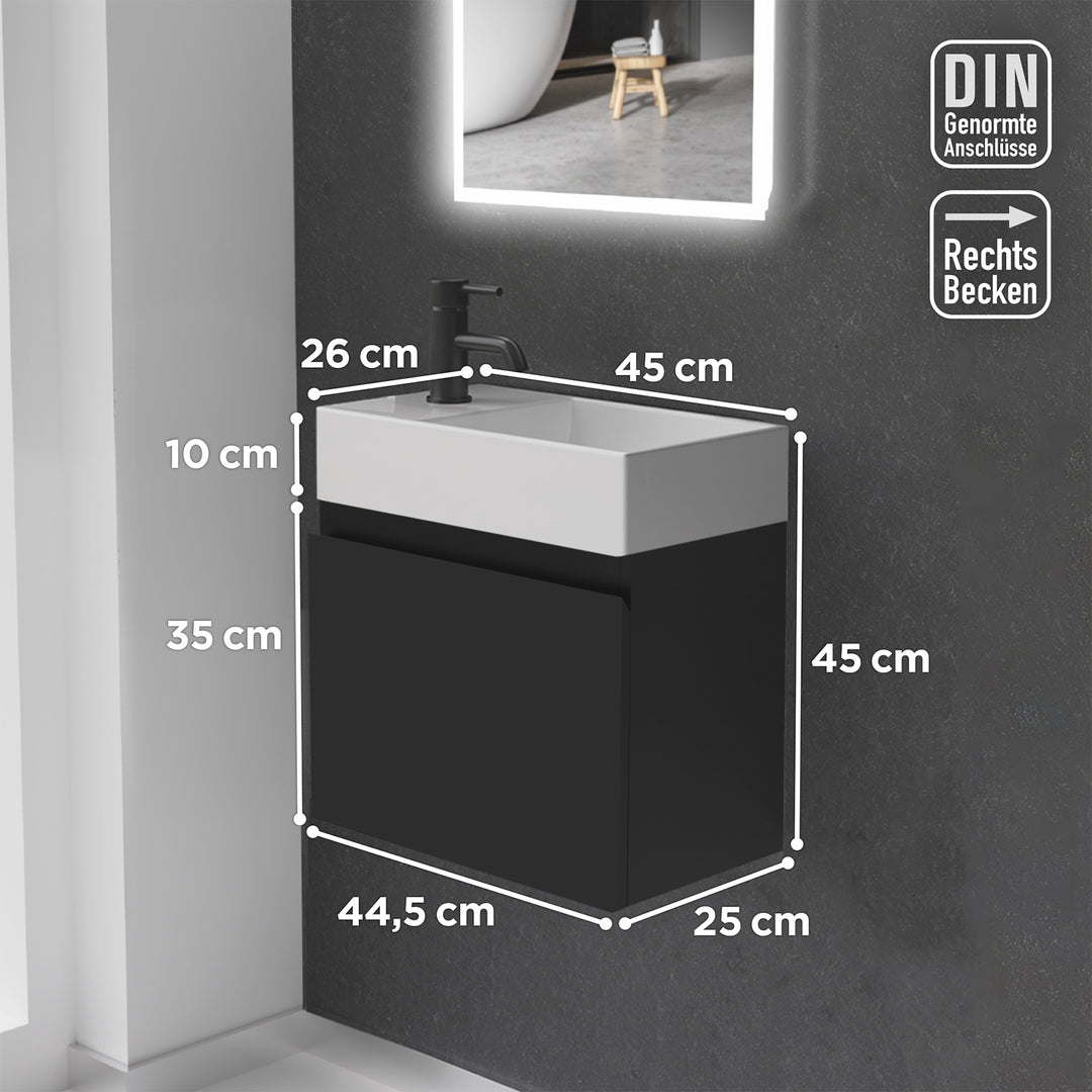 Alpenberger Keramik Waschbecken KORA-450-Rechts + Unterschrank KORA-450 Schwarz Matt