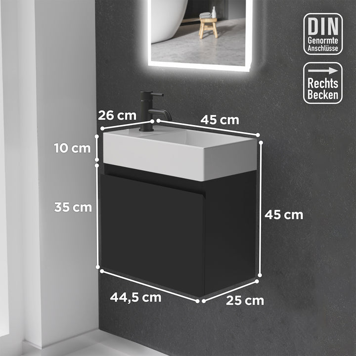 Alpenberger Keramik Waschbecken KORA-450-Rechts + Unterschrank KORA-450 Schwarz Matt