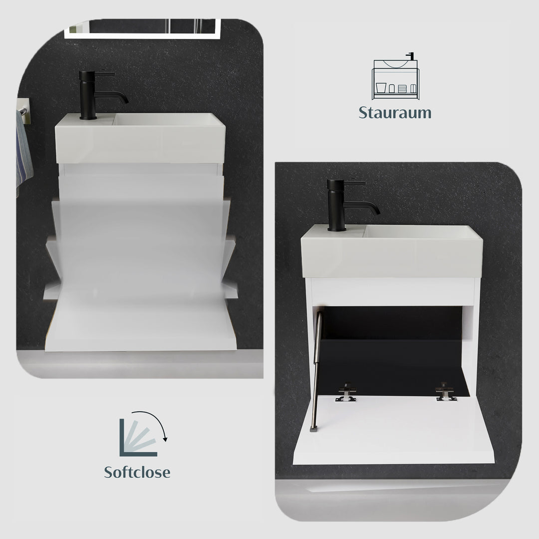 Alpenberger Keramik Waschbecken KORA-450-Rechts + Unterschrank KORA-450 Weiss Glänzend