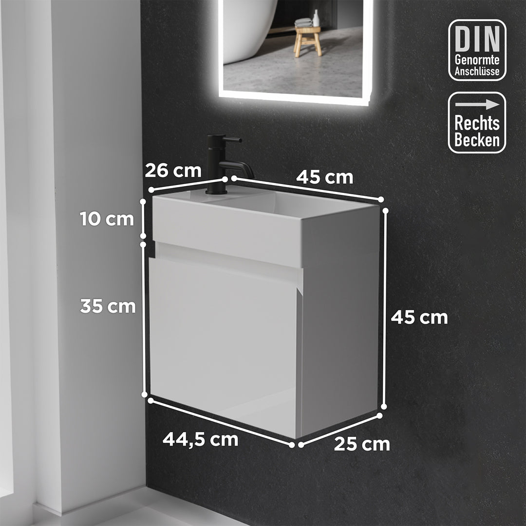 Alpenberger Keramik Waschbecken KORA-450-Rechts + Unterschrank KORA-450 Weiss Glänzend