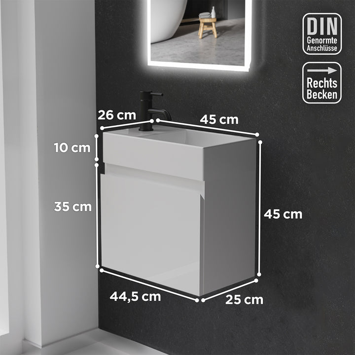 Alpenberger Keramik Waschbecken KORA-450-Rechts + Unterschrank KORA-450 Weiss Glänzend