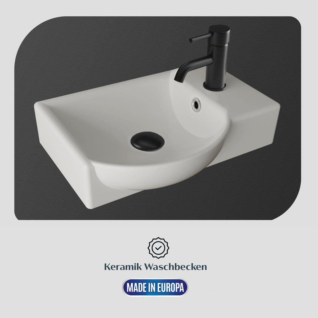 Alpenberger Keramik Waschbecken 45 cm mit Unterschrank | Badmöbel Set für Gäste WC | Links Eiche Natur