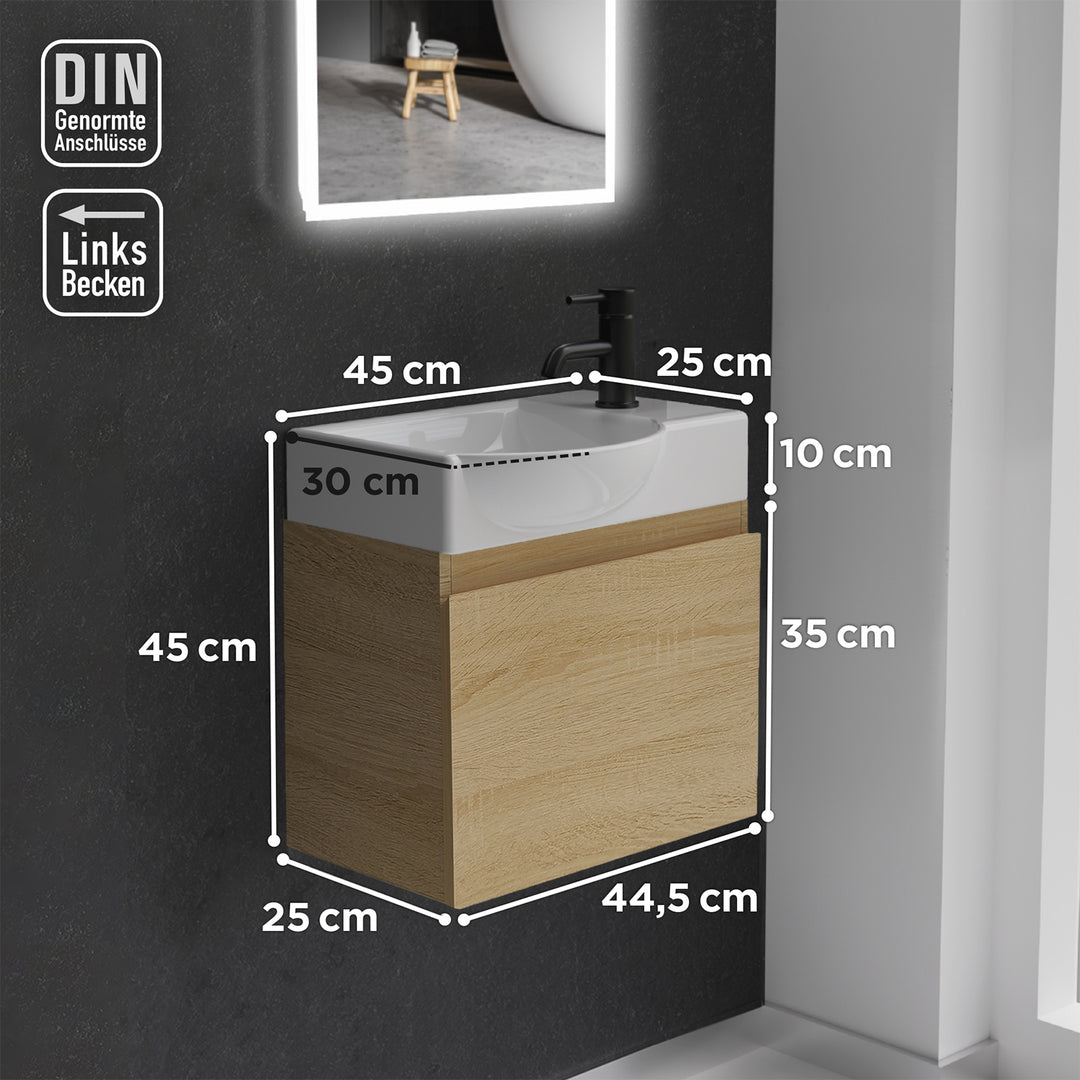 Alpenberger Waschplatz-Set 45 cm – Lugano Keramikbecken Links + KORA Unterschrank Eiche Hell – Vormontiert & Platzsparend