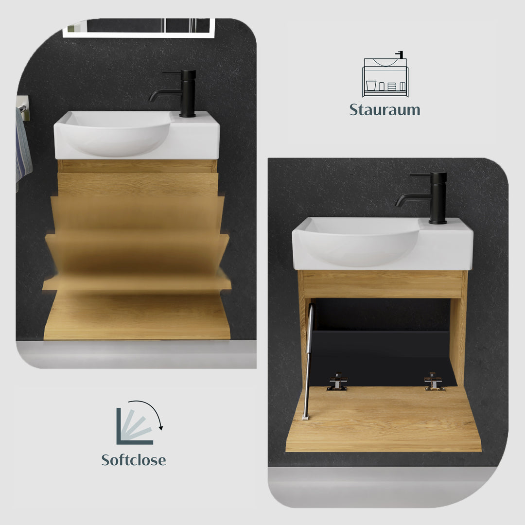 Alpenberger Waschplatz-Set 45 cm – Lugano Keramikbecken Links + KORA Unterschrank Eiche Natur – Vormontiert & Platzsparend