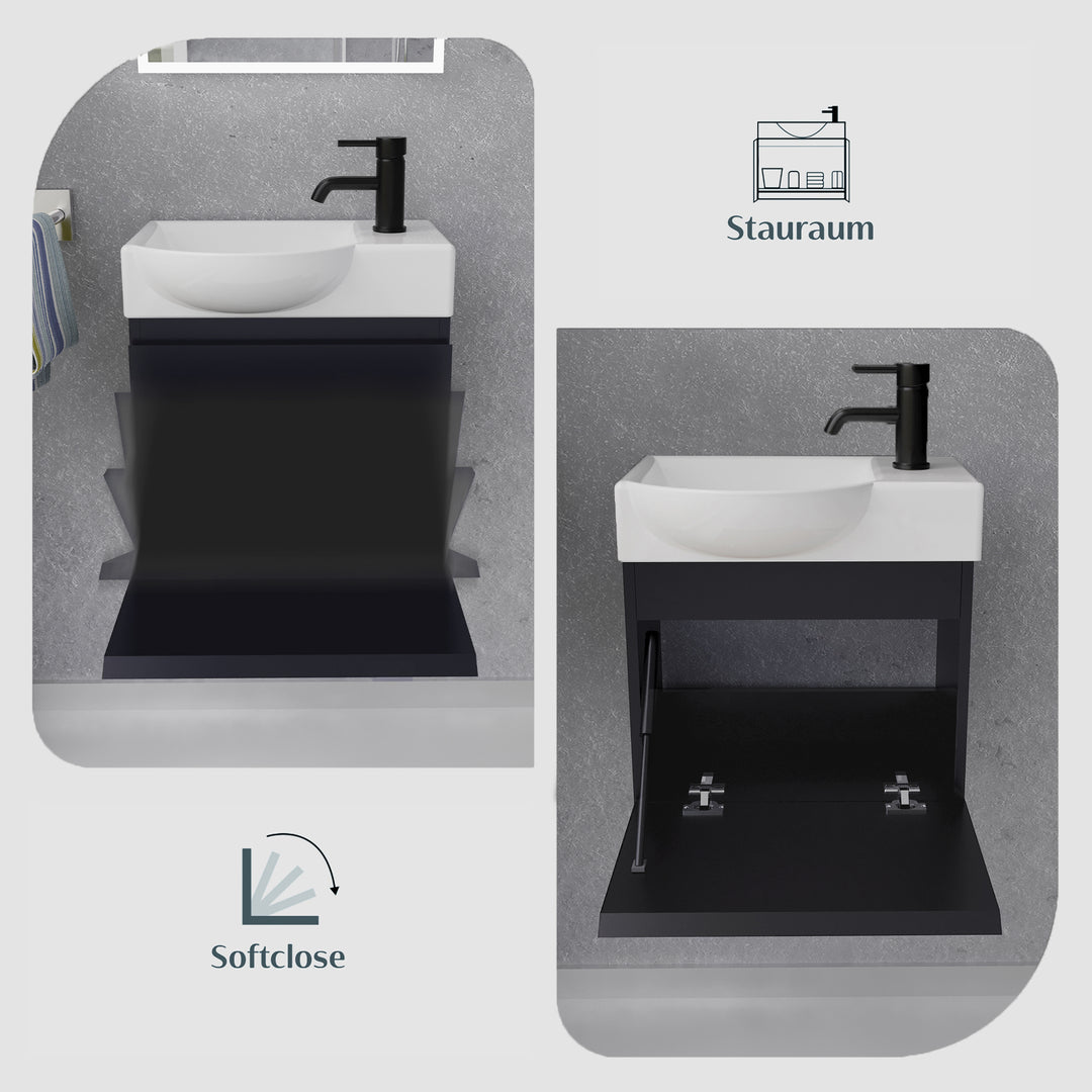 Alpenberger Waschplatz-Set 45 cm – Lugano Keramikbecken Links + KORA Unterschrank Schwarz Matt – Vormontiert & Platzsparend