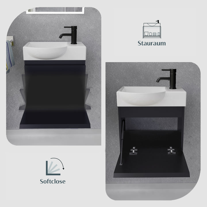 Alpenberger Waschplatz-Set 45 cm – Lugano Keramikbecken Links + KORA Unterschrank Schwarz Matt – Vormontiert & Platzsparend
