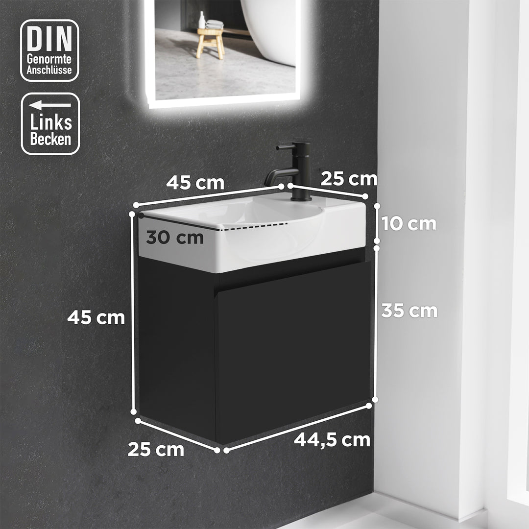 Alpenberger Waschplatz-Set 45 cm – Lugano Keramikbecken Links + KORA Unterschrank Schwarz Matt – Vormontiert & Platzsparend