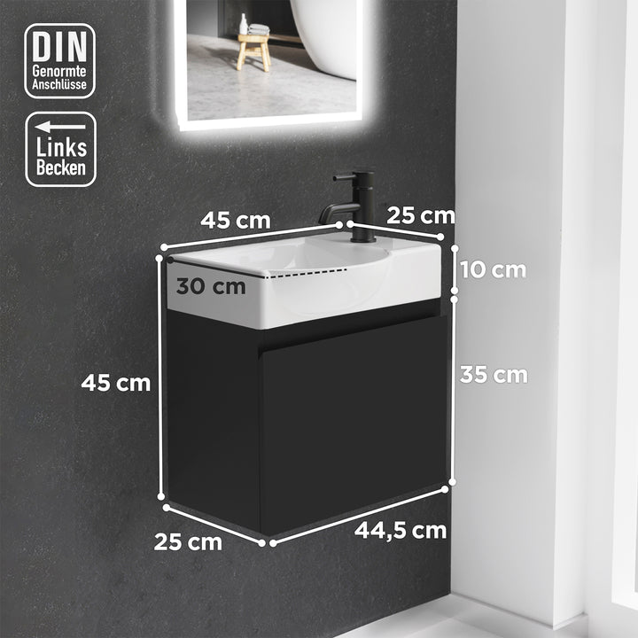 Alpenberger Waschplatz-Set 45 cm – Lugano Keramikbecken Links + KORA Unterschrank Schwarz Matt – Vormontiert & Platzsparend