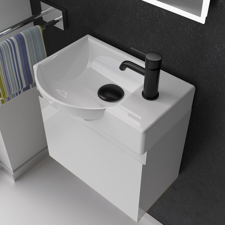 Alpenberger Waschplatz-Set 45 cm – Lugano Keramikbecken Links + KORA Unterschrank Weiss Glänzend – Vormontiert & Platzsparend