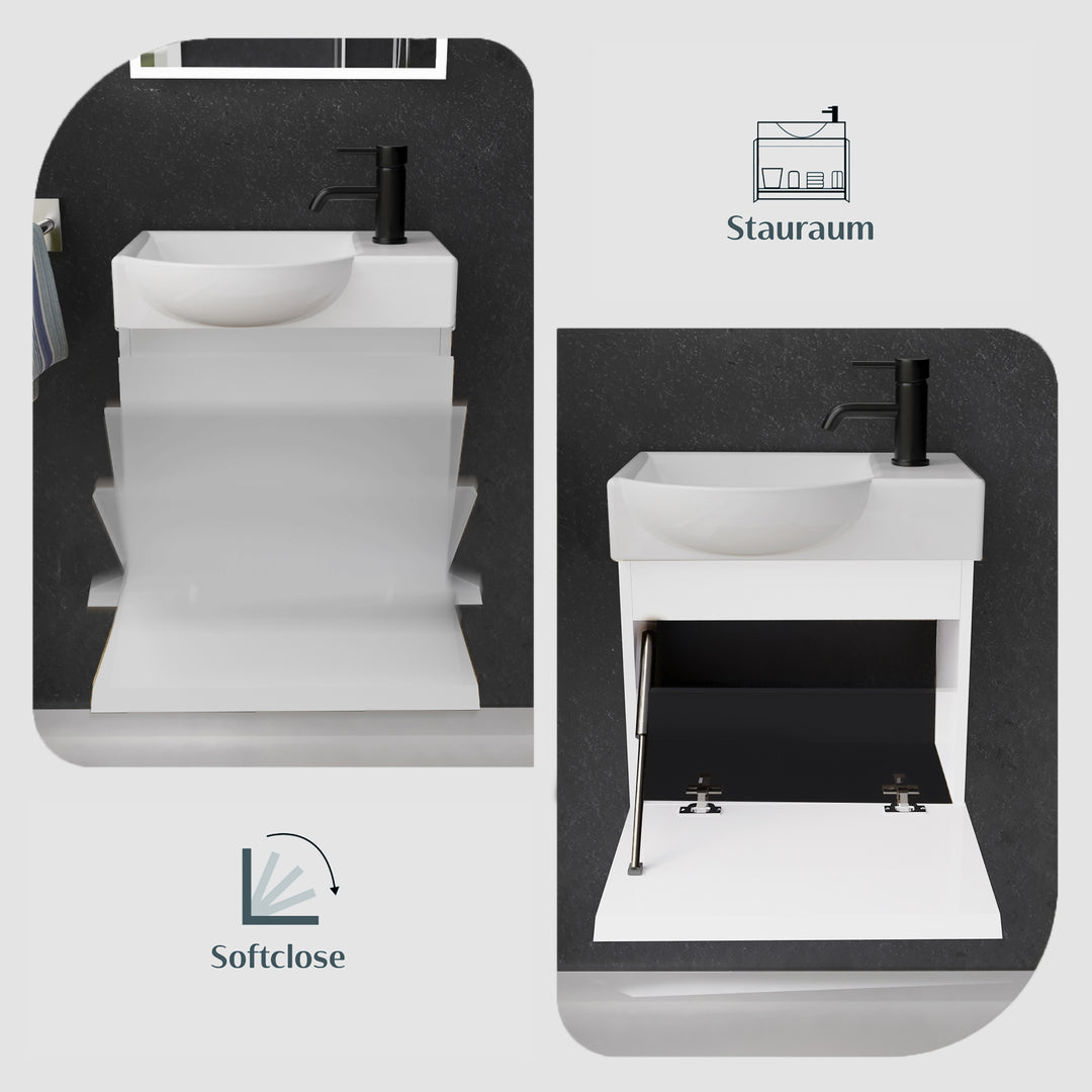 Alpenberger Waschplatz-Set 45 cm – Lugano Keramikbecken Links + KORA Unterschrank Weiss Glänzend – Vormontiert & Platzsparend