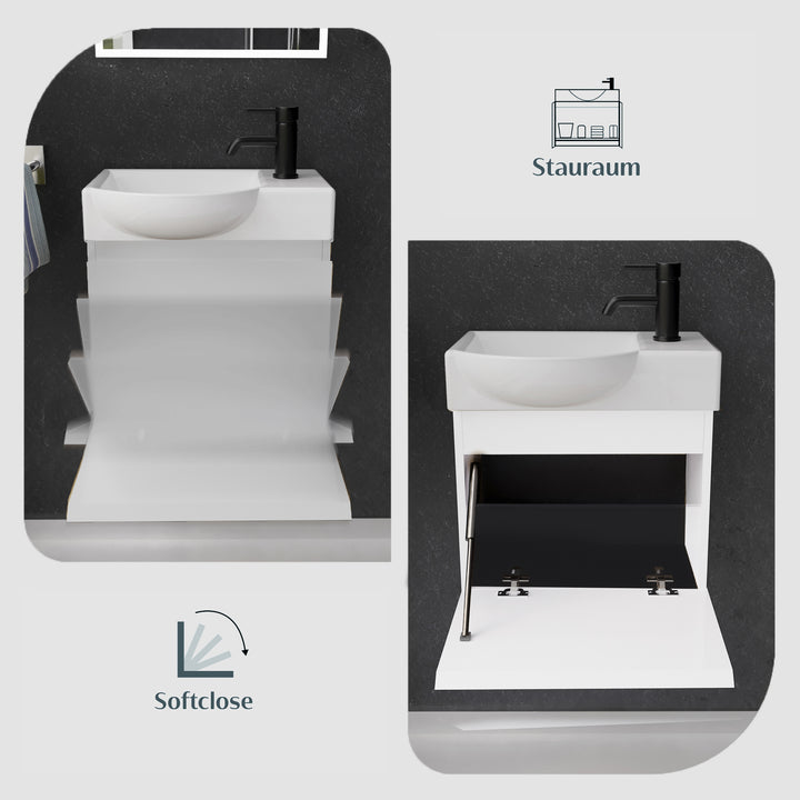 Alpenberger Waschplatz-Set 45 cm – Lugano Keramikbecken Links + KORA Unterschrank Weiss Glänzend – Vormontiert & Platzsparend
