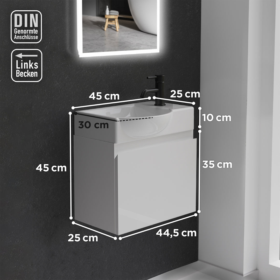 Alpenberger Waschplatz-Set 45 cm – Lugano Keramikbecken Links + KORA Unterschrank Weiss Glänzend – Vormontiert & Platzsparend