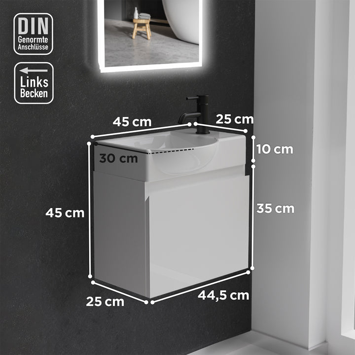 Alpenberger Waschplatz-Set 45 cm – Lugano Keramikbecken Links + KORA Unterschrank Weiss Glänzend – Vormontiert & Platzsparend