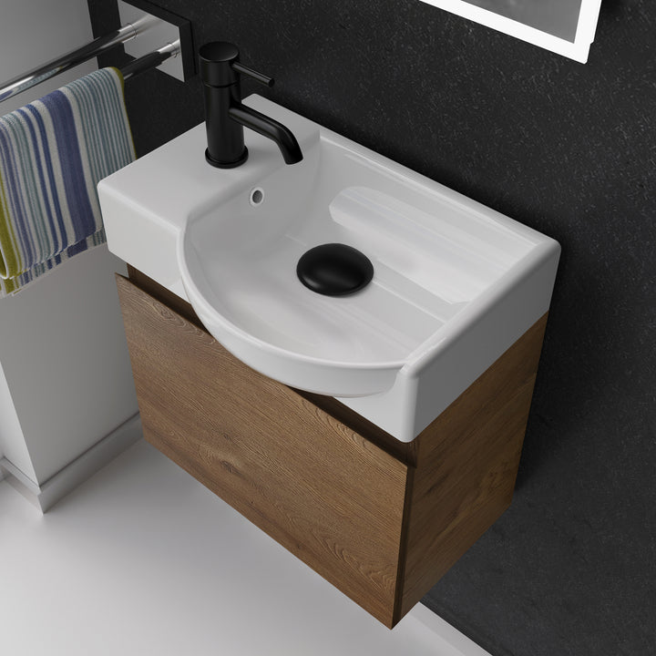 Alpenberger Waschplatz-Set 45 cm – Lugano Keramikbecken Rechts + KORA Unterschrank Eiche – Vormontiert & Platzsparend