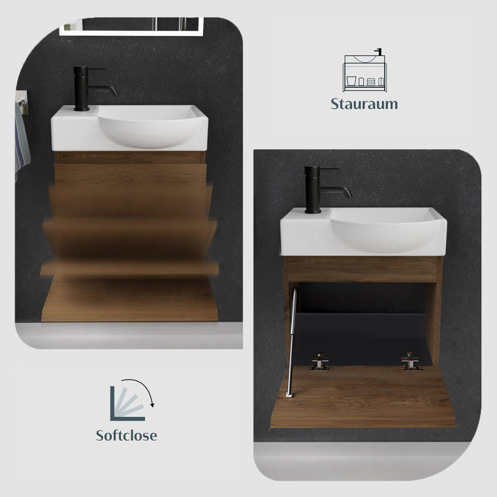 Alpenberger Waschplatz-Set 45 cm – Lugano Keramikbecken Rechts + KORA Unterschrank Eiche – Vormontiert & Platzsparend