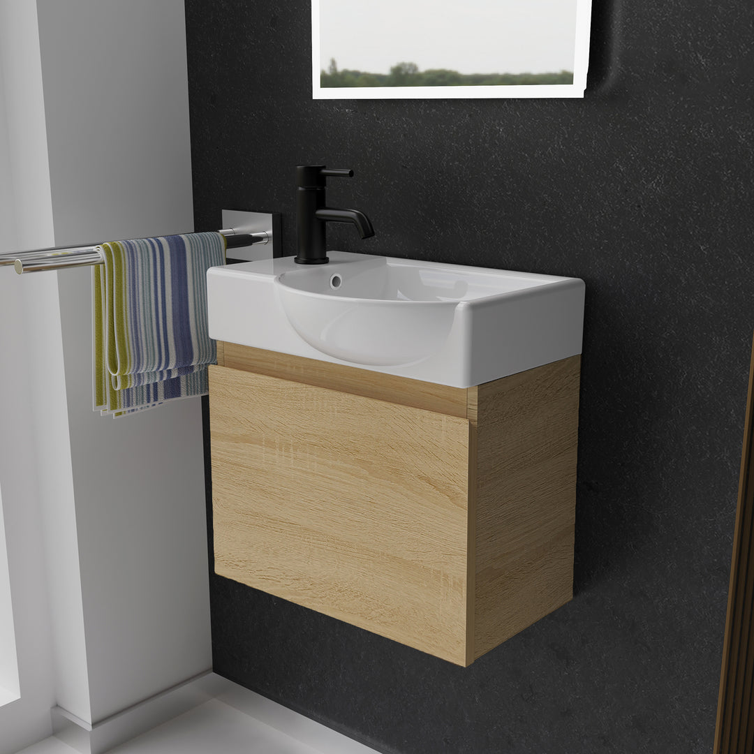 Alpenberger Waschplatz-Set 45 cm – Lugano Keramikbecken Rechts + KORA Unterschrank Eiche Hell – Vormontiert & Platzsparend