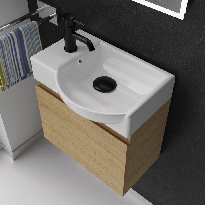 Alpenberger Waschplatz-Set 45 cm – Lugano Keramikbecken Rechts + KORA Unterschrank Eiche Hell – Vormontiert & Platzsparend