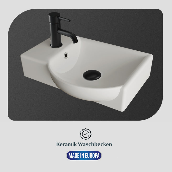 Alpenberger Waschplatz-Set 45 cm – Lugano Keramikbecken Rechts + KORA Unterschrank Eiche Hell – Vormontiert & Platzsparend