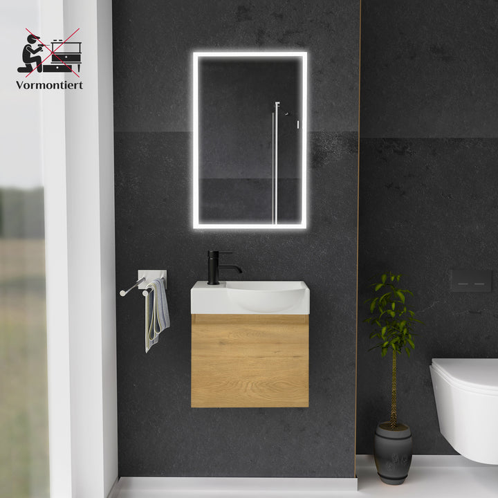 Alpenberger Waschplatz-Set 45 cm – Lugano Keramikbecken Rechts + KORA Unterschrank Eiche Natur – Vormontiert & Platzsparend