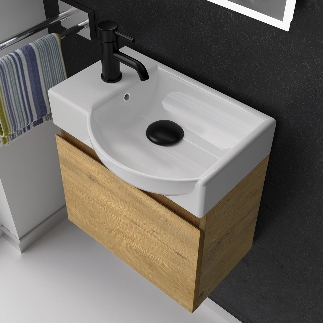 Alpenberger Waschplatz-Set 45 cm – Lugano Keramikbecken Rechts + KORA Unterschrank Eiche Natur – Vormontiert & Platzsparend