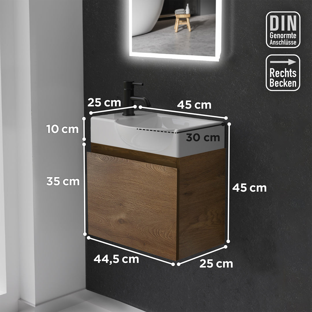 Alpenberger Waschplatz-Set 45 cm – Lugano Keramikbecken Rechts + KORA Unterschrank Eiche – Vormontiert & Platzsparend