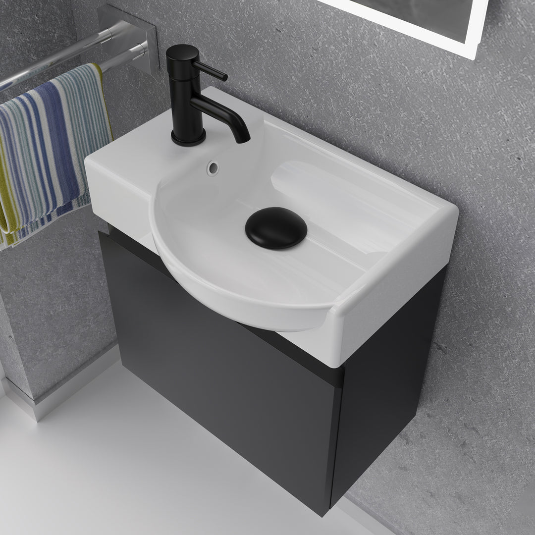 Alpenberger Waschplatz-Set 45 cm – Lugano Keramikbecken Rechts + KORA Unterschrank Schwarz Matt – Vormontiert & Platzsparend