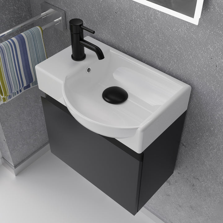 Alpenberger Waschplatz-Set 45 cm – Lugano Keramikbecken Rechts + KORA Unterschrank Schwarz Matt – Vormontiert & Platzsparend