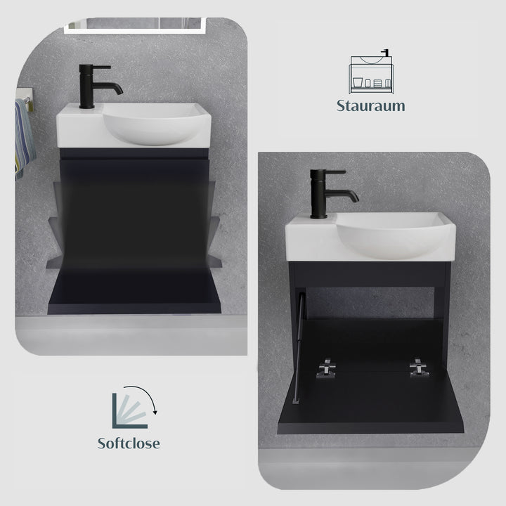 Alpenberger Waschplatz-Set 45 cm – Lugano Keramikbecken Rechts + KORA Unterschrank Schwarz Matt – Vormontiert & Platzsparend