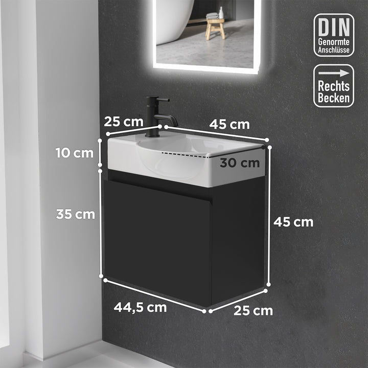 Alpenberger Waschplatz-Set 45 cm – Lugano Keramikbecken Rechts + KORA Unterschrank Schwarz Matt – Vormontiert & Platzsparend
