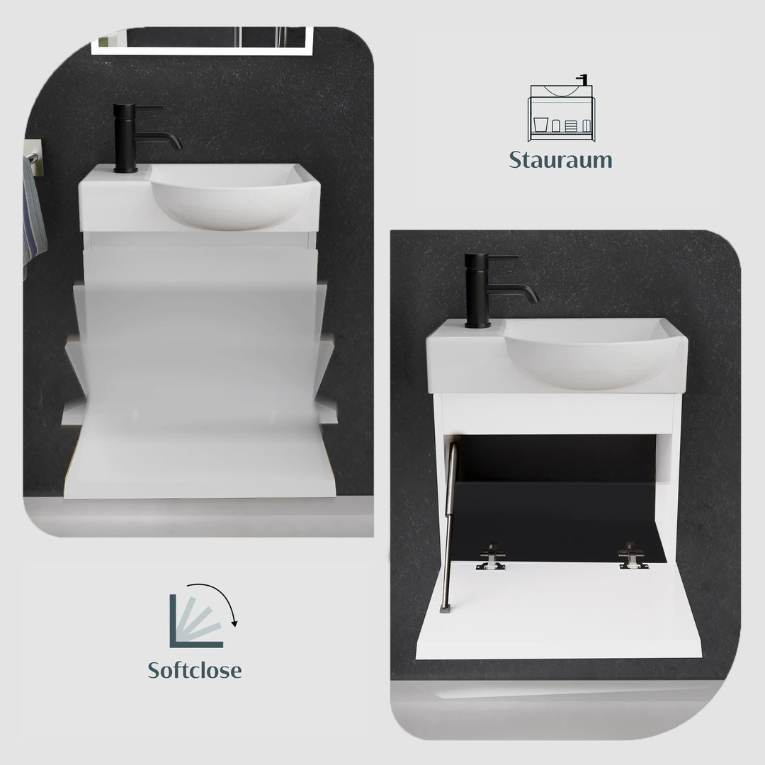 Alpenberger Waschplatz-Set 45 cm – Lugano Keramikbecken Rechts + KORA Unterschrank Weiss Glänzend – Vormontiert & Platzsparend