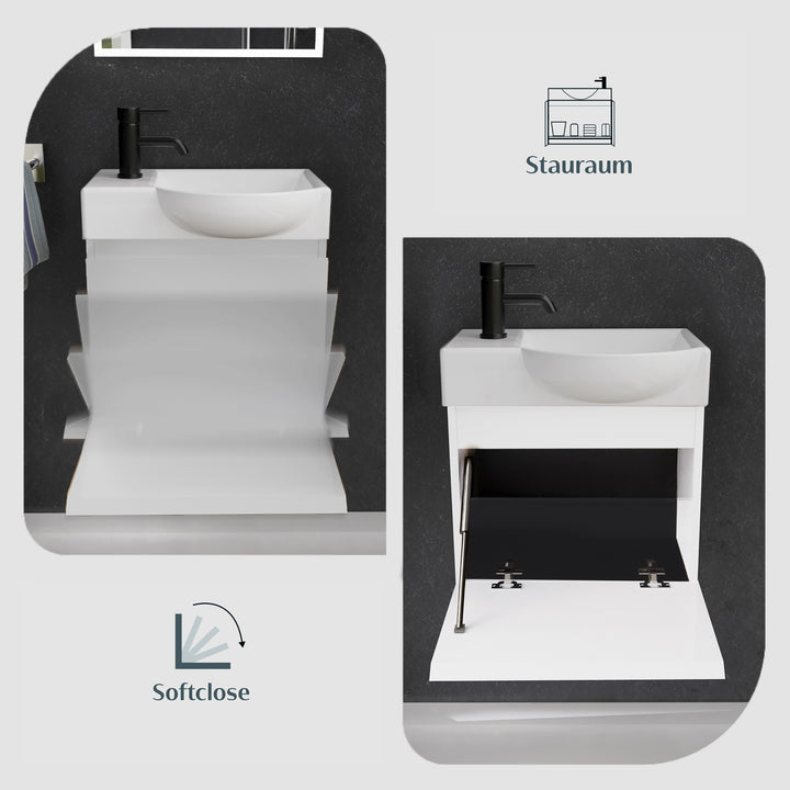 Alpenberger Waschplatz-Set 45 cm – Lugano Keramikbecken Rechts + KORA Unterschrank Weiss Glänzend – Vormontiert & Platzsparend