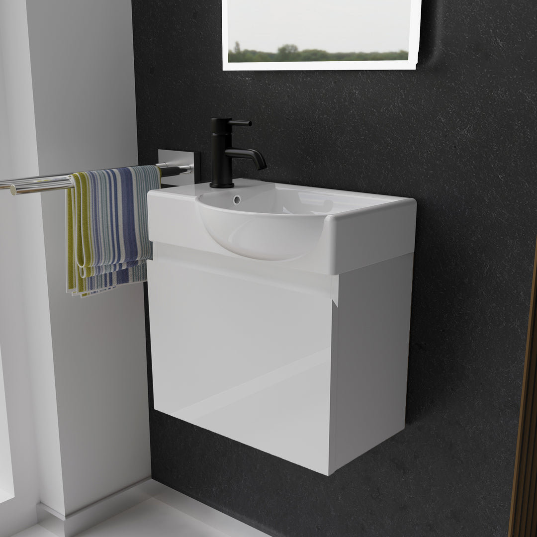 Alpenberger Waschplatz-Set 45 cm – Lugano Keramikbecken Rechts + KORA Unterschrank Weiss Glänzend – Vormontiert & Platzsparend