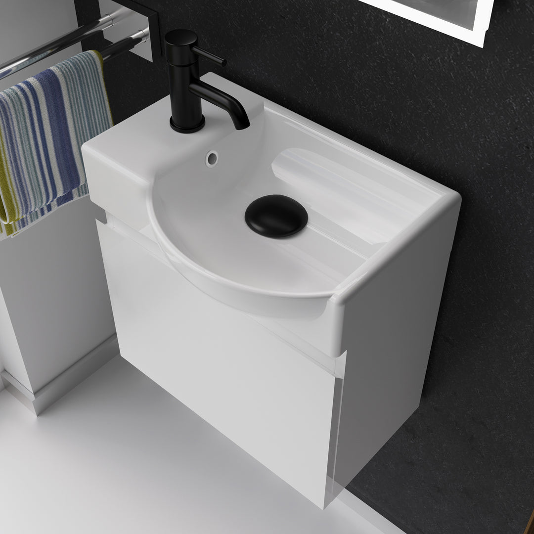 Alpenberger Waschplatz-Set 45 cm – Lugano Keramikbecken Rechts + KORA Unterschrank Weiss Glänzend – Vormontiert & Platzsparend
