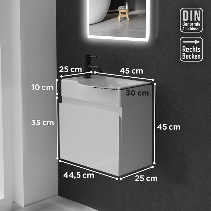 Alpenberger Waschplatz-Set 45 cm – Lugano Keramikbecken Rechts + KORA Unterschrank Weiss Glänzend – Vormontiert & Platzsparend